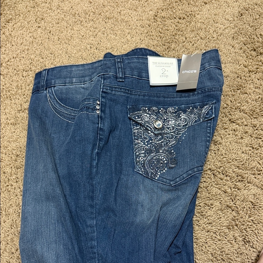 Chico's Dark Blue Straight Leg Crop Jeans with Embellishments size 2